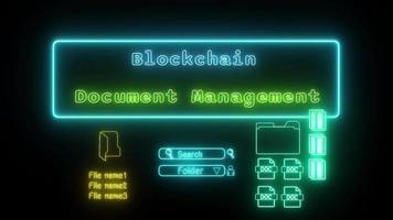 blockchain documento gestione neon verde blu fluorescente testo animazione blu telaio su nero sfondo video