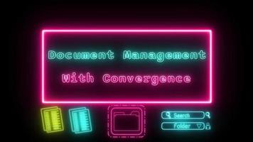 dokumentera förvaltning med konvergens neon grön-rosa fluorescerande text animering rosa ram på svart bakgrund video