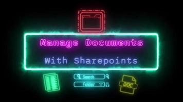 gerir documentos com pontos de compartilhamento néon rosa-azul fluorescente texto animação azul quadro, Armação em Preto fundo video
