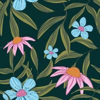 Floral seamless pattern with leaves illustration on dark green color background. vector