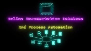 en línea documentación base de datos y proceso automatización neón rosa-amarillo fluorescente texto animación en negro antecedentes video