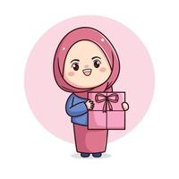 Cute hijab girl with gift kawaii chibi vector