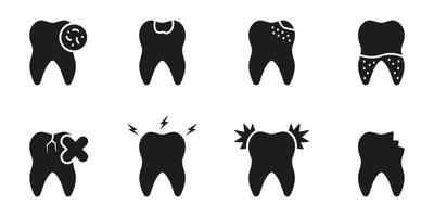 Teeth and Gym Medical Problems Silhouette Icon Set. Tooth Disease Symbol. Toothache, Cracked and Broken Tooth, Caries Glyph Pictogram. Dental Treatment Solid Sign. Isolated Vector Illustration.