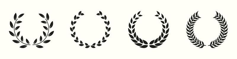 Circle Leaf Award for Winner Glyph Pictogram. Victory and Prize Sign. Laurel Wreath Silhouette Icon Set. Triumph Emblem. Vintage Olive Leaves Symbol. Champion's Trophy. Isolated Vector Illustration.