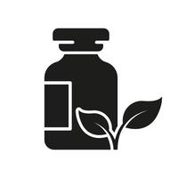 farmacéutico orgánico ingrediente en botella con planta silueta icono. botánica médico cosmético producto glifo pictograma. farmacia salud cuidado icono. herbario medicina signo. aislado vector ilustración.