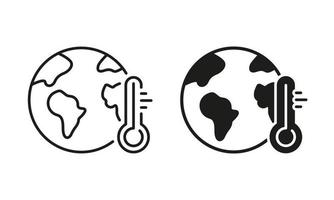 global clima cambiar. tierra y termómetro línea y silueta icono colocar. planeta calor temperatura, peligro ecológico problema símbolo colección en blanco antecedentes. aislado vector ilustración.