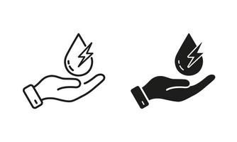 Hand Holds Water Drop, Renewable Hydropower Line and Silhouette Icon Set. Hydroelectric Green Energy Pictogram. Eco Hydro Electric Symbol Collection on White Background. Isolated Vector Illustration.