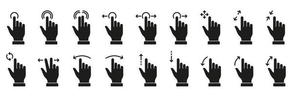 Pointer Gesture Slide Left and Right Black Solid Pictogram. Hand Finger Touch, Swipe and Drag Silhouette Icon Set. Pinch Screen, Rotate Up Down on Screen Glyph Icons. Isolated Vector Illustration.