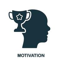 motivación en deporte silueta icono. humano cabeza y trofeo taza éxito logro concepto glifo pictograma. incentivo a desarrollo sólido signo. motivador símbolo. aislado vector ilustración.