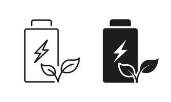 Rechargeable Accumulator with Leaf and Lightning Line and Silhouette Icon Set. Renewable Battery Pictogram. Eco Green Energy Symbol Collection on White Background. Isolated Vector Illustration.