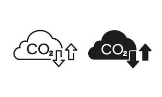 Carbon Dioxide Pollution in Air Line and Silhouette Icon Set. Reduction Greenhouse Pictogram. CO2 with Cloud Emission Gas Symbol Collection on White Background. Isolated Vector Illustration.