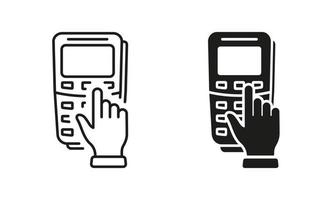 Enter Pin Code on Payment Terminal Line and Silhouette Icon Set. POS Dial Password Combination Pictogram. Safe Number for Money Transaction Symbol on White Background. Isolated Vector Illustration.