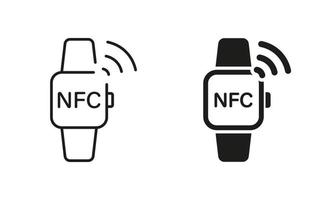 Smart Watch with NFC Technology Line and Silhouette Icon Set. Smartwatch Bracelet Pictogram. Watch for Contactless Payment Symbol Collection on White Background. Isolated Vector Illustration.