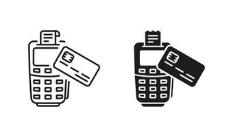 Payment Terminal and Credit Card Line and Silhouette Icon Set. POS Contactless Transaction Pictogram. Wireless Money Pay Symbol Collection on White Background. Isolated Vector Illustration.