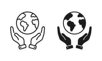 World Environment Conservation Line and Silhouette Icon Set. Hand Hold Planet Earth Pictogram. Human Protect Environmental Nature Symbol Collection on White Background. Isolated Vector Illustration.