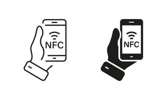 tecnología nfc en línea de teléfono móvil y conjunto de iconos de silueta. mano sostenga el pago sin contacto del teléfono inteligente para el pictograma. colección de símbolos de onda de pago sobre fondo blanco. ilustración vectorial aislada. vector