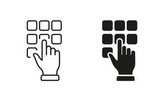 Enter Pin Code on Keypad Line and Silhouette Icon Set. Hand Entering Password on Phone Keyboard Pictogram. ATM Access Combination Flat Symbols on White Background. Isolated Vector Illustration.