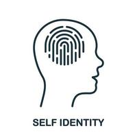 Self Identity Line Icon. Fingerprint in Human Head Linear Pictogram. Identify Thumbprint Outline Sign. Self Identification. Intellectual Process Symbol. Editable Stroke. Isolated Vector Illustration.