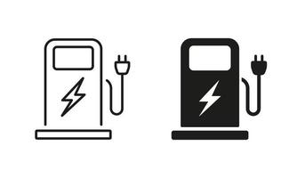 Electric Station for Vehicle Car Line and Silhouette Icon Set. Charger with Plug for Electrical Power Auto Symbols. Charge Station for Green Energy Automobile. Isolated Vector Illustration.