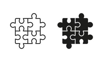 Puzzle, Solve Problem Silhouette and Line Icon Set on White Background. Teamwork and Solution Pictogram. Jigsaw Shape, Match Pieces Combination Icon. Editable Stroke. Isolated Vector Illustration.