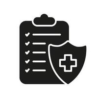 Diagnosis Report Silhouette Icon. Patient Medical Record Glyph Pictogram. Diagnostic Document. Health Information on Clipboard Icon. Checklist Medicals Survey Note. Isolated Vector Illustration.