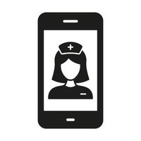 Paramedic Medical Service in Smartphone Glyph Icon. Physician Online Consultation. Healthcare in Mobile Phone Silhouette Symbol. Remote Virtual Doctor Woman Pictogram. Isolated Vector Illustration.