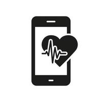 Application for Pulse Control in Smartphone Silhouette Icon. Heartbeat Rate in Digital Smart Phone Glyph Icon. Heart Beat Mobile Phone App Pictogram. Fitness App. Isolated Vector Illustration.