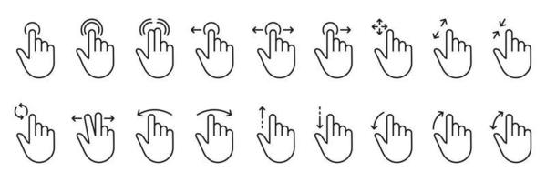 Hand Finger Touch, Swipe and Drag Outline Icon Set. Pinch Screen, Rotate Up Down on Screen Line Sign. Gesture Slide Left and Right Linear Pictogram. Editable Stroke. Isolated Vector Illustration.