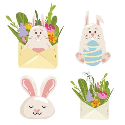 Spring cute set. Easter Bunny with an egg and in a postal envelope.