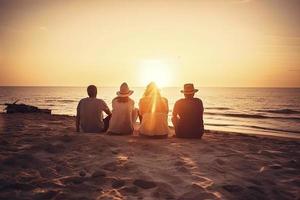 Group of five happy people sits on background of empty sunset beach. Travel or sea vacations concept photo