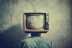 a person with his head inside a television in vintage pop style photo