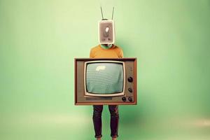 a person with his head inside a television in vintage pop style photo