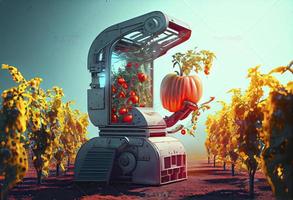 Technology automation of agriculture. Robot arm harvests vegetables in greenhouse photo