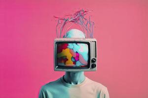 a person with his head inside a television in vintage pop style photo