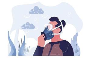 CO2 emissions. Man breathing through filter mask to reduce health effects of toxic chemical fumes from factory photo