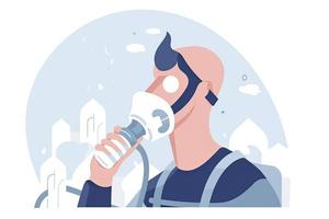 CO2 emissions. Man breathing through filter mask to reduce health effects of toxic chemical fumes from factory photo