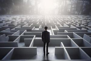 An elegant businessman standing on a square platform looking over infinite labyrinth concept photo