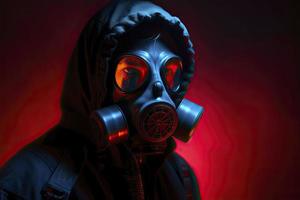 blue and red illuminated person with a gas mask photo