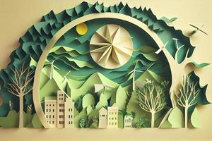 Paper art style , Paper cut of eco city design Green energy concept and environment conservation photo