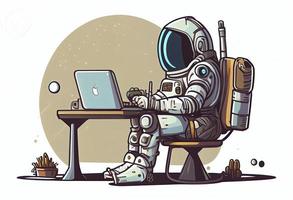 The robot astronaut man sits with laptop. Search on the Internet. Internet surfing photo