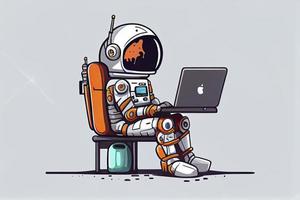 The robot astronaut man sits with laptop. Search on the Internet. Internet surfing photo