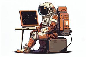 The robot astronaut man sits with laptop. Search on the Internet. Internet surfing photo