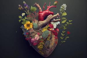 humano corazón con flores, amor y emoción concepto foto