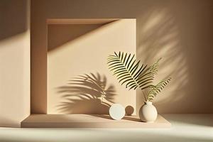 Minimalistic abstract gentle light beige background for product presentation with light andand intricate shadow photo