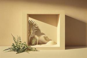 Minimalistic abstract gentle light beige background for product presentation with light andand intricate shadow photo