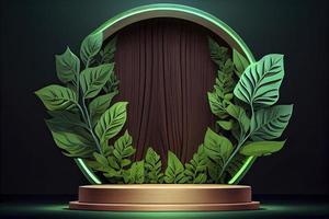 neon wood slice podium and green leaves concept scene stage showcase for new product photo
