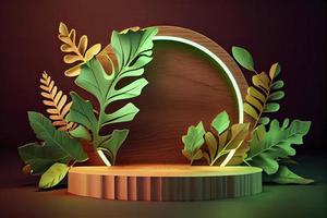 neon wood slice podium and green leaves concept scene stage showcase for new product photo