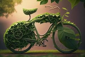 Bicycle covered with green leaf tendril, eco and environment concept, sustainable transport and travel photo