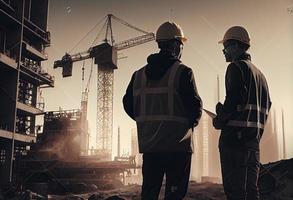 Discussion of work by a civil engineer with an architect at a construction site against the backdrop of a tower crane and a high rise building under construction photo