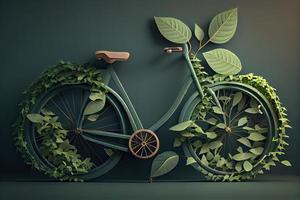 Bicycle covered with green leaf tendril, eco and environment concept, sustainable transport and travel photo